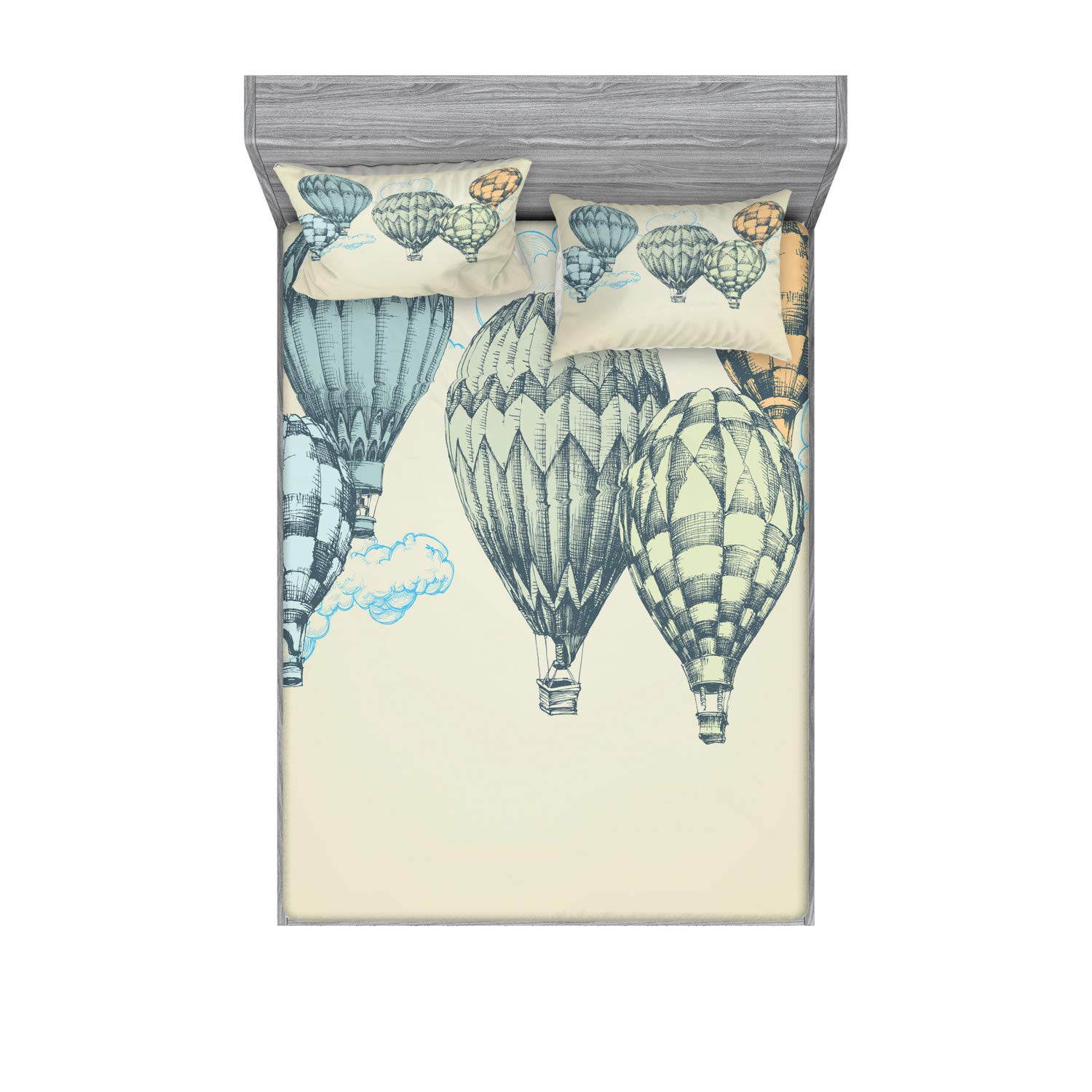 Ambesonne Vintage Fitted Sheet & Pillow Sham Set, Hot Air Balloons in Soft Tones Fly in The Sky Air High Tourism Design Print, Decorative Printed 3 Piece Bedding Decor Set, Queen, Grey Yellow