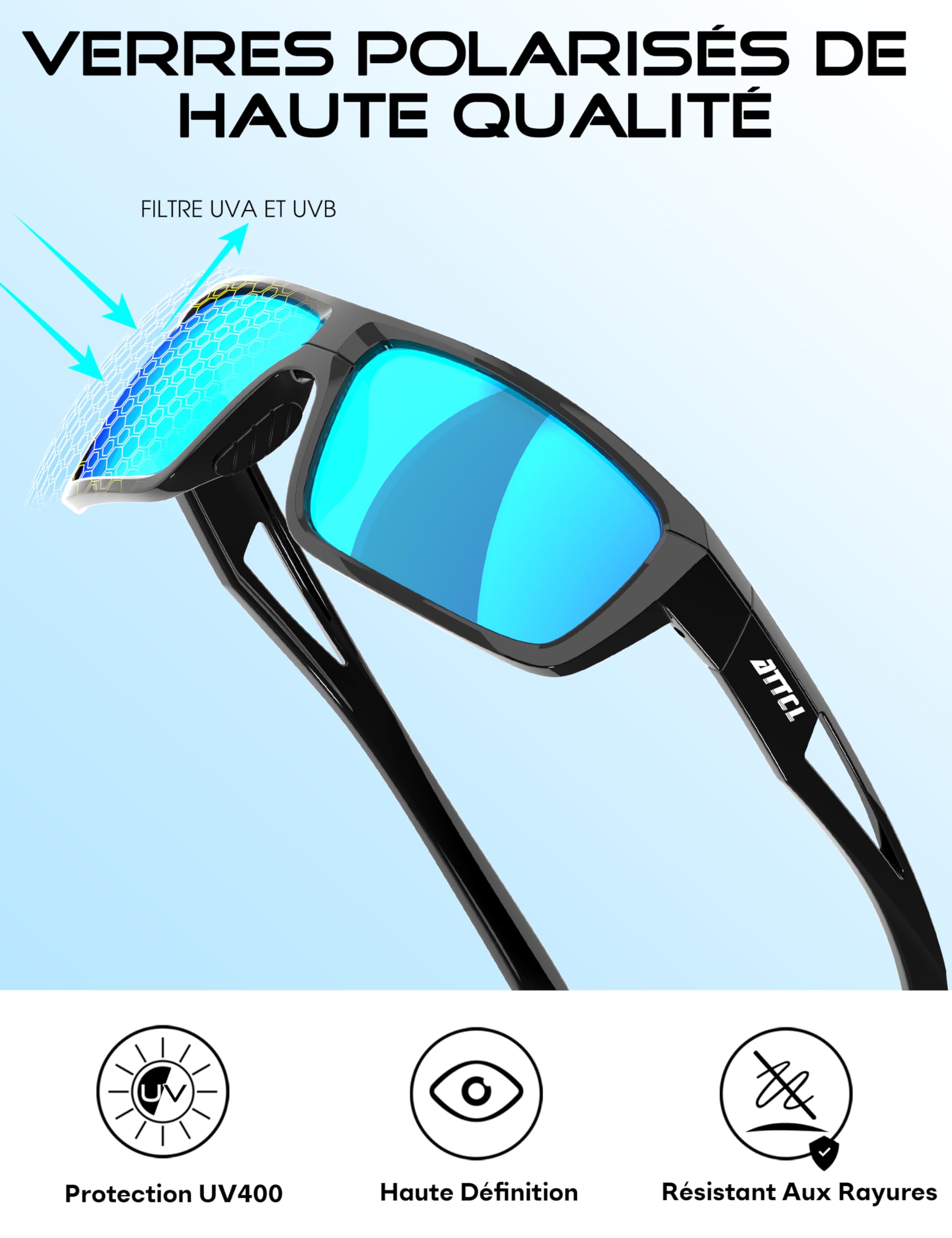 ATTCL Lunettes de Soleil Homme Polarisées: UV400 léger TR90 Monture Enveloppant Verres Miroir Sports Conduite Pêche Golf