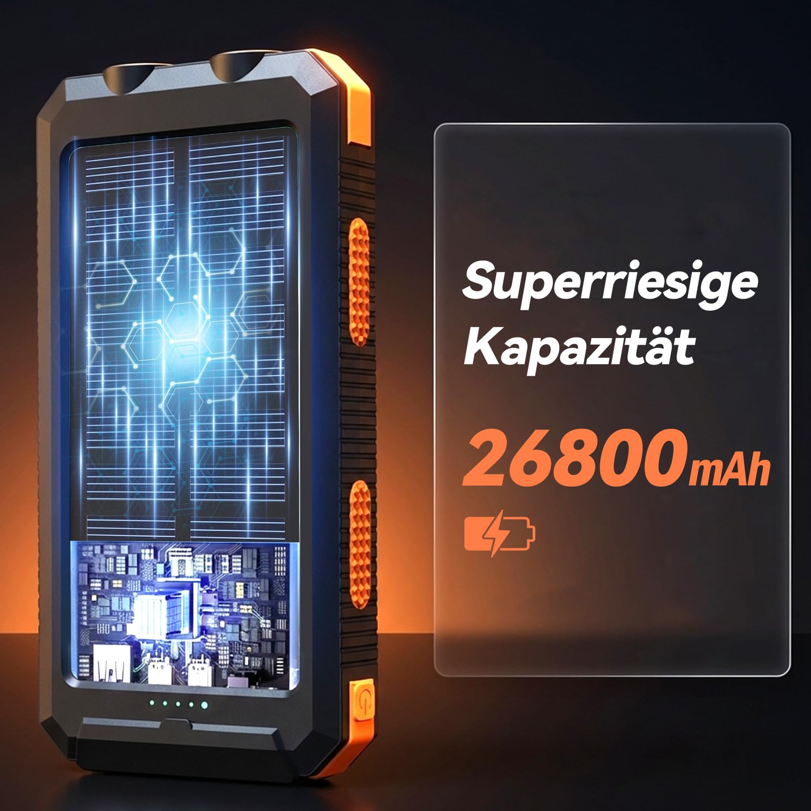 Vikeri Solar Powerbank 26800mAh, Powerbank Solar Wasserdichtes USB C Externer Akku mit 4 Outputs, Power Bank für Smartphones, Tablets und mehr (Dunkelorange)