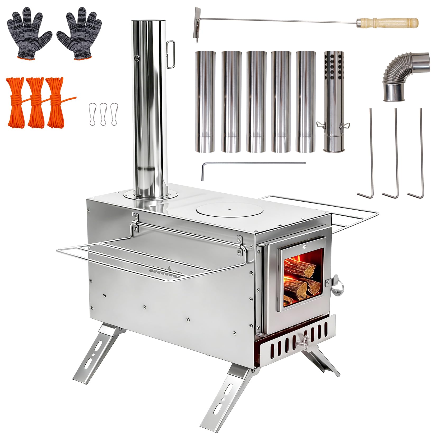unho Zeltofen Gartenofen Tragbarer Holzofen, Campingherde Edelstahl Holzkocher mit 7 Rohren und Rohrbogen, Ideal für Camping im Zelt, Outdoor-Kochen und Gartenaktivitäten, 32,5 x 33,5 x 210 cm
