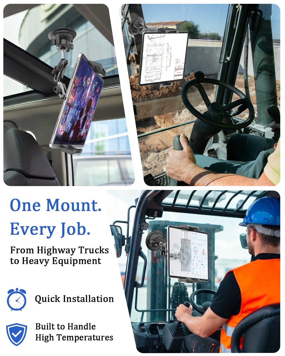 Soporte para tablet de coche para salpicadero/parabrisas, [succión de 66 LBF] Soporte ajustable de metal de 360° para iPad Pro/Air/Mini, Galaxy Tab, Fire, iPhone, se adapta a tabletas y