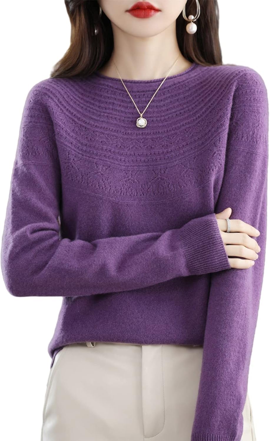 100% Merino Wool Sweaters Women's Fall Winter Warm Soft Knitted Loose Pullover Crew Neck Long Sleeves