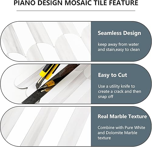 Miniatura 7 de Vamos Tile Azulejos sin costuras para salpicaduras de pelar y pegar, para cocina y baño, azulejos de mosaico autoadhesivos de PVC gris y blanco