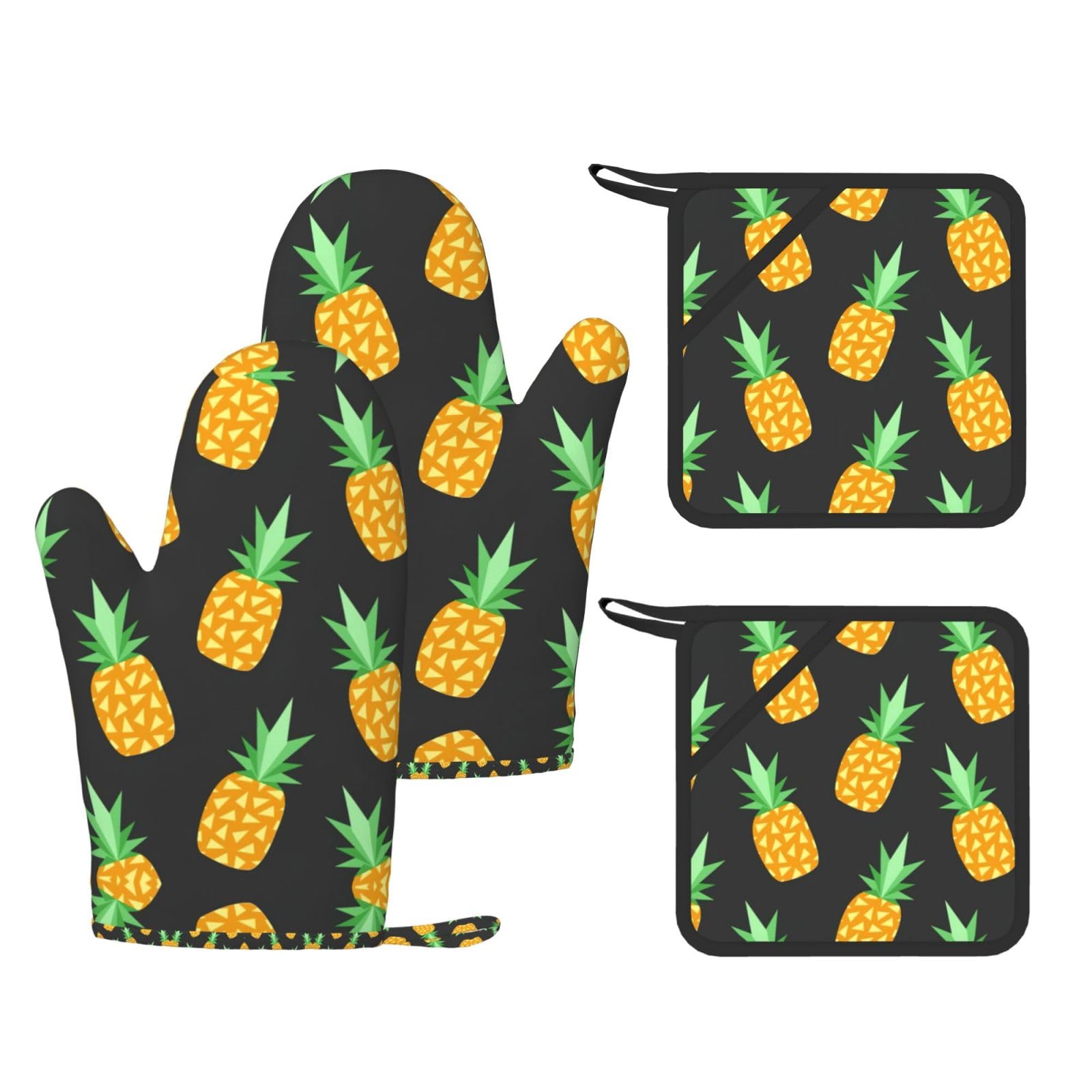 Yellow Pineapple Printed Pot Holders and Oven Mitts 4-Piece, Non-Slip Kitchen Gloves with Utensil Pocket for BBQ