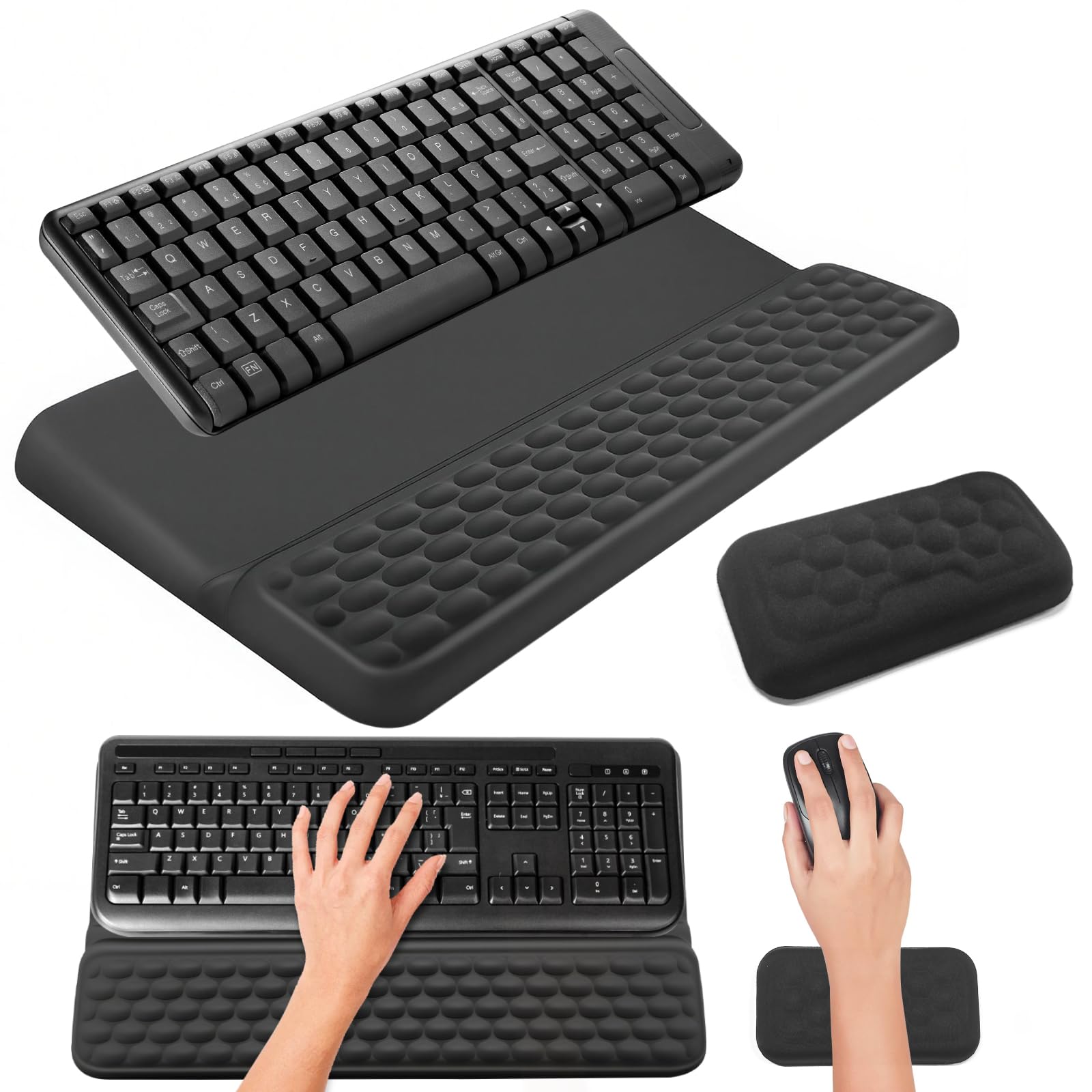 Ergonomic Keyboard Wrist Rest Mouse Wrist Est Non-Slip PU Pad Kit for Desk Wrist Arm Support Keyboards Riser & Soft Memory Foam Computer Keyboard Stand Home Office Accessories (Black)