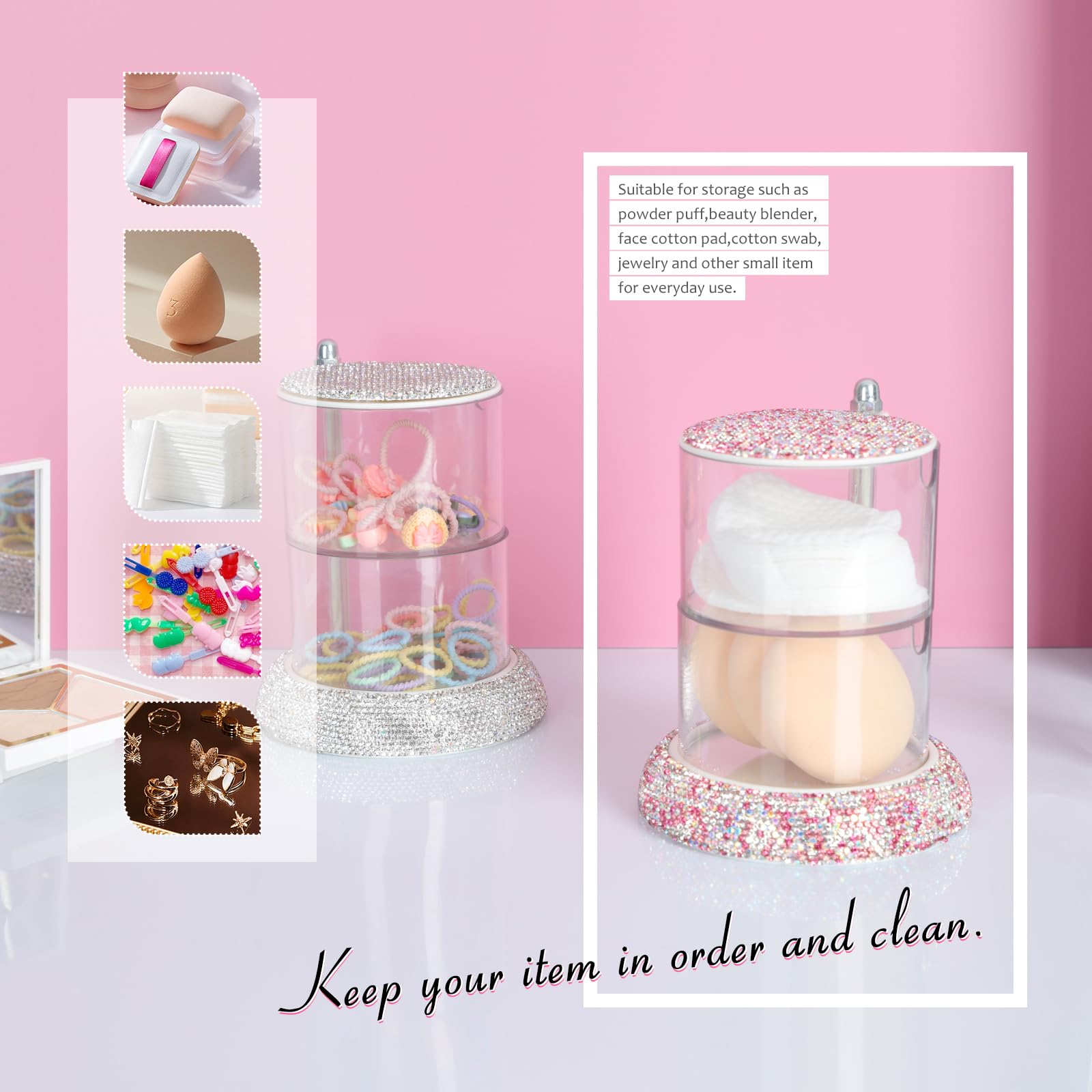 KEYPOWER Bling Rhinestone Plastic Powder Puff Container Multi-layer Rotating Puff Box Shining Small Item Holder Case for Women (White)