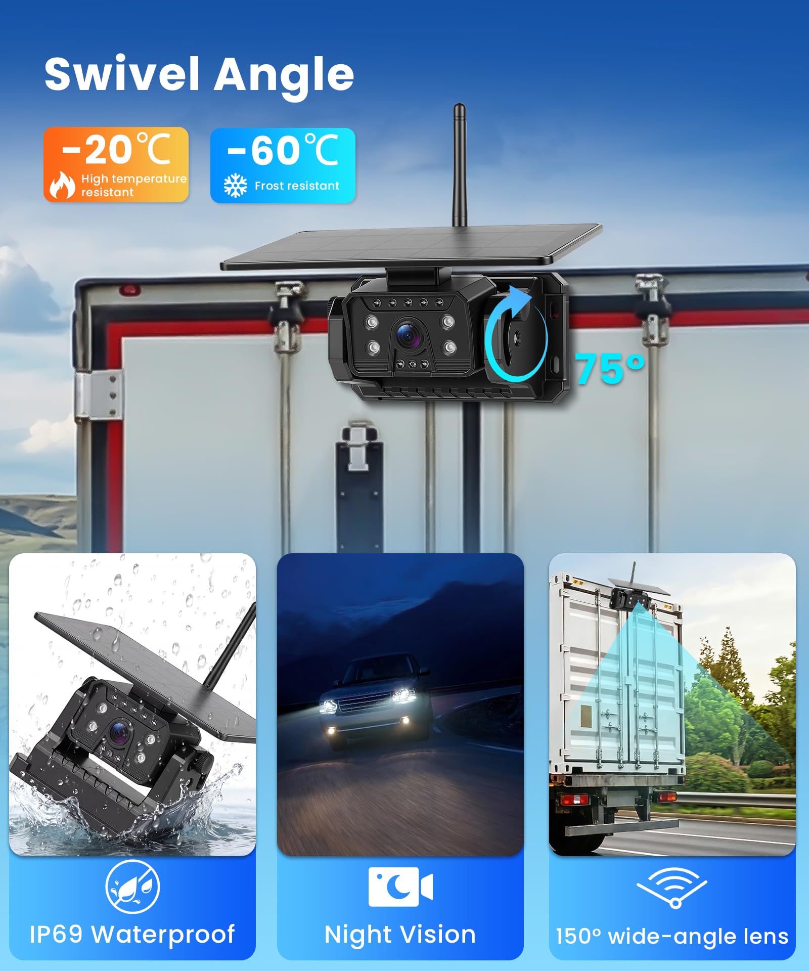 VECHTEL Cámara de Marcha atrás inalámbrica con Pantalla HD IPS de 7", visión Nocturna IP68, cámara magnética inalámbrica alimentada por energía Solar, Soporte telescópico
