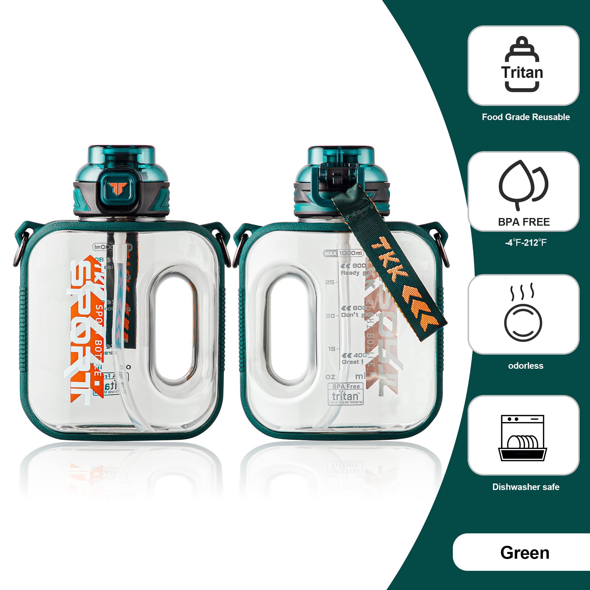 TKK Sport-Wasserflasche mit Strohhalm, große Kapazität, Kunststoff, spülmaschinenfest, 1 l, BPA-frei, Tritan, für Fitnessstudio, Yoga, Reisen, Camping, Outdoor, Grün, Blaugrün