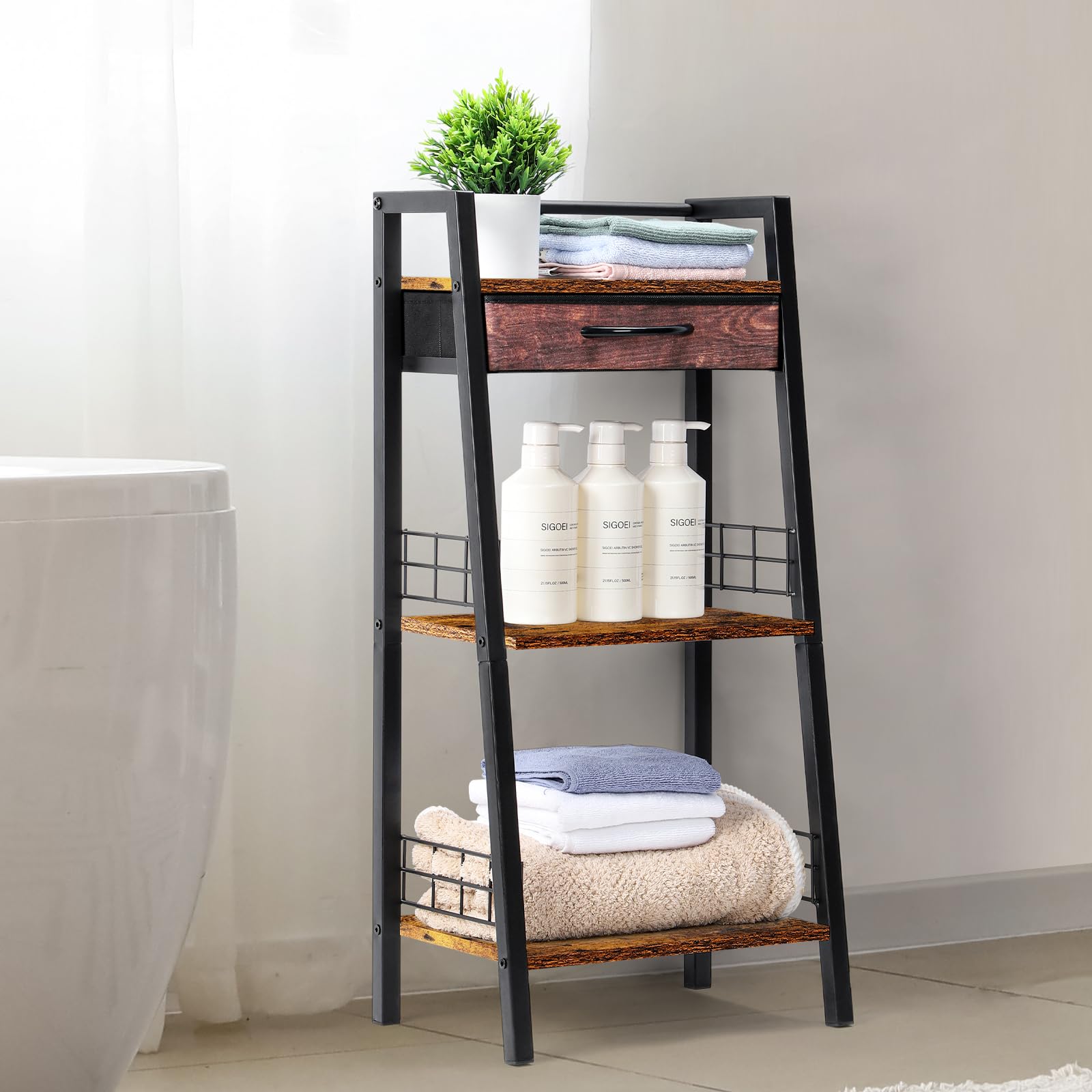 MOOACE 3 Tier Ladder Shelf, Bathroom Shelf with Drawer, Small Bookshelf Open Shelving Unit, Freestanding Storage Shelves Rack for Bathroom Living Room Bedroom Balcony, Brown