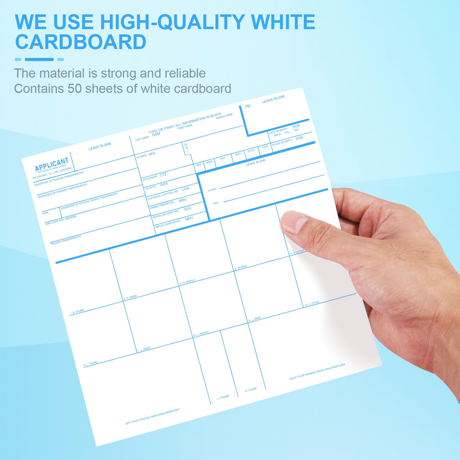 50pcs Fingerprint Cards, Premium Applicant FD-258 Finger Print Cards Rev. 11-1-20 (8.03x8.03 Inches), white, blue - Image 3