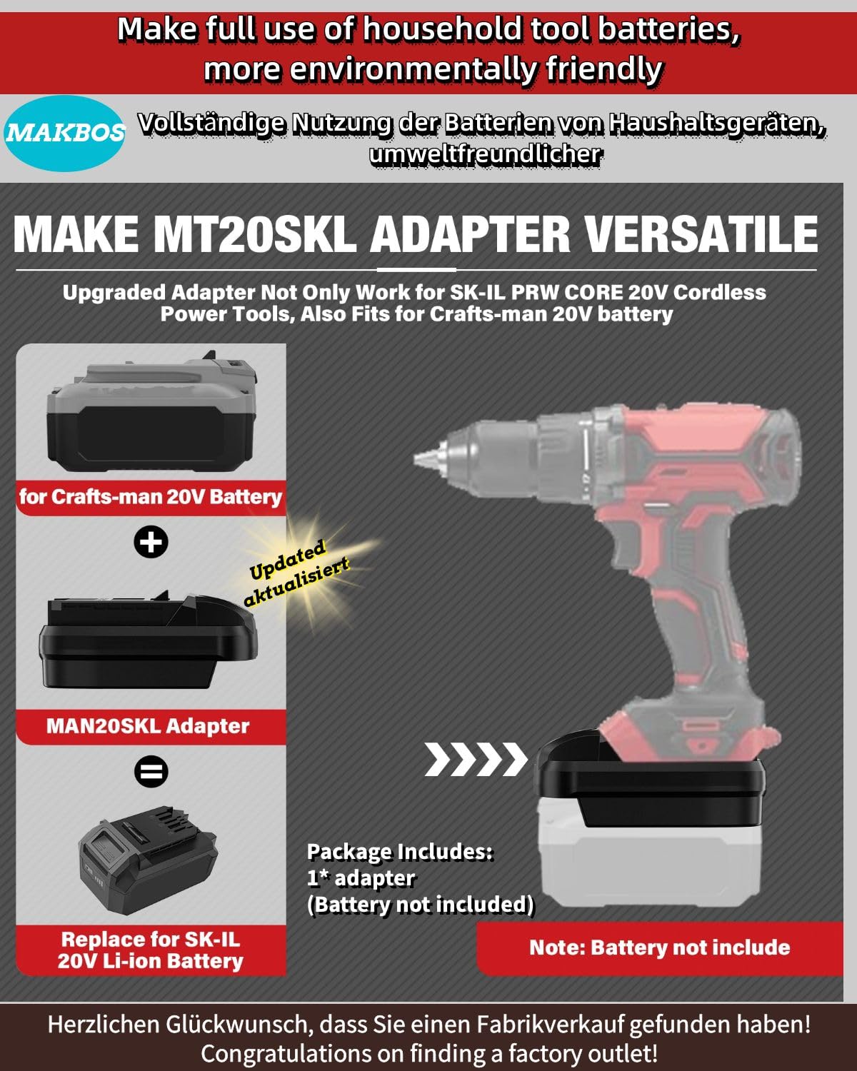 Adaptador de batería SKIL PWR CORE 20 de 20 V, adaptador para convertidor de batería Craftsman de 20 V a para SKIL PWR CORE 20 20 V batería de iones de litio, para herramientas eléctricas