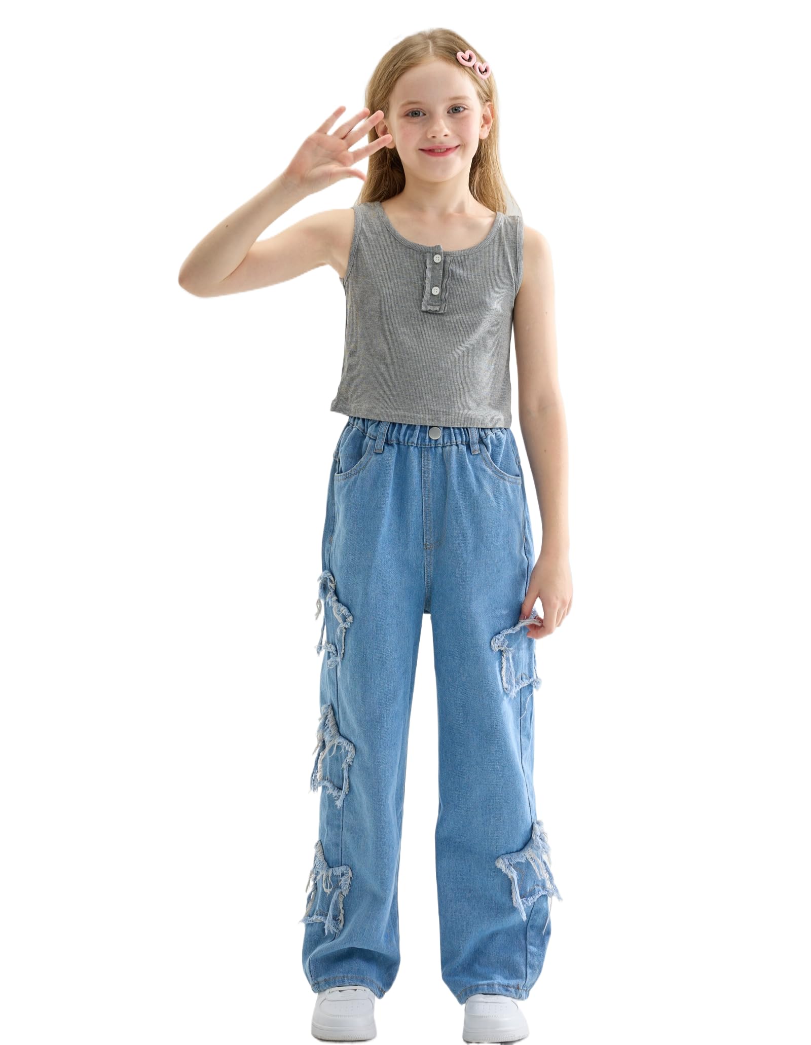 Vaqueros Niñas Loose Denim Pantalones Cintura Elástica Moda Rotos Azul