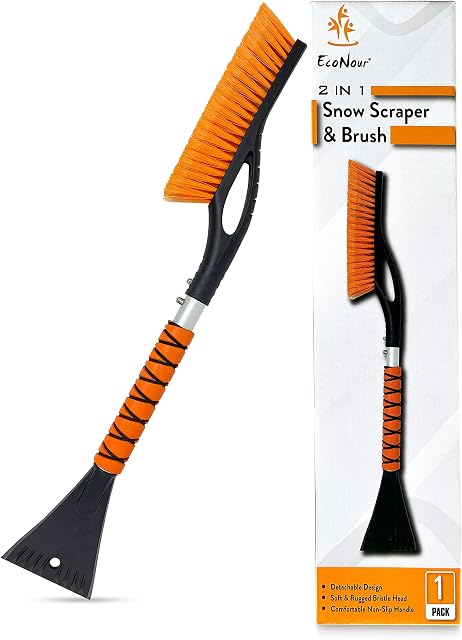 EcoNour 27" Aluminum Ice Scraper for Car Windscreen (Orange) | Weaved Bristle Head with Metal Body Ice Scrapers | Tough Ice Scraper with Foam Grip Snow Removal Winter Car Accessories