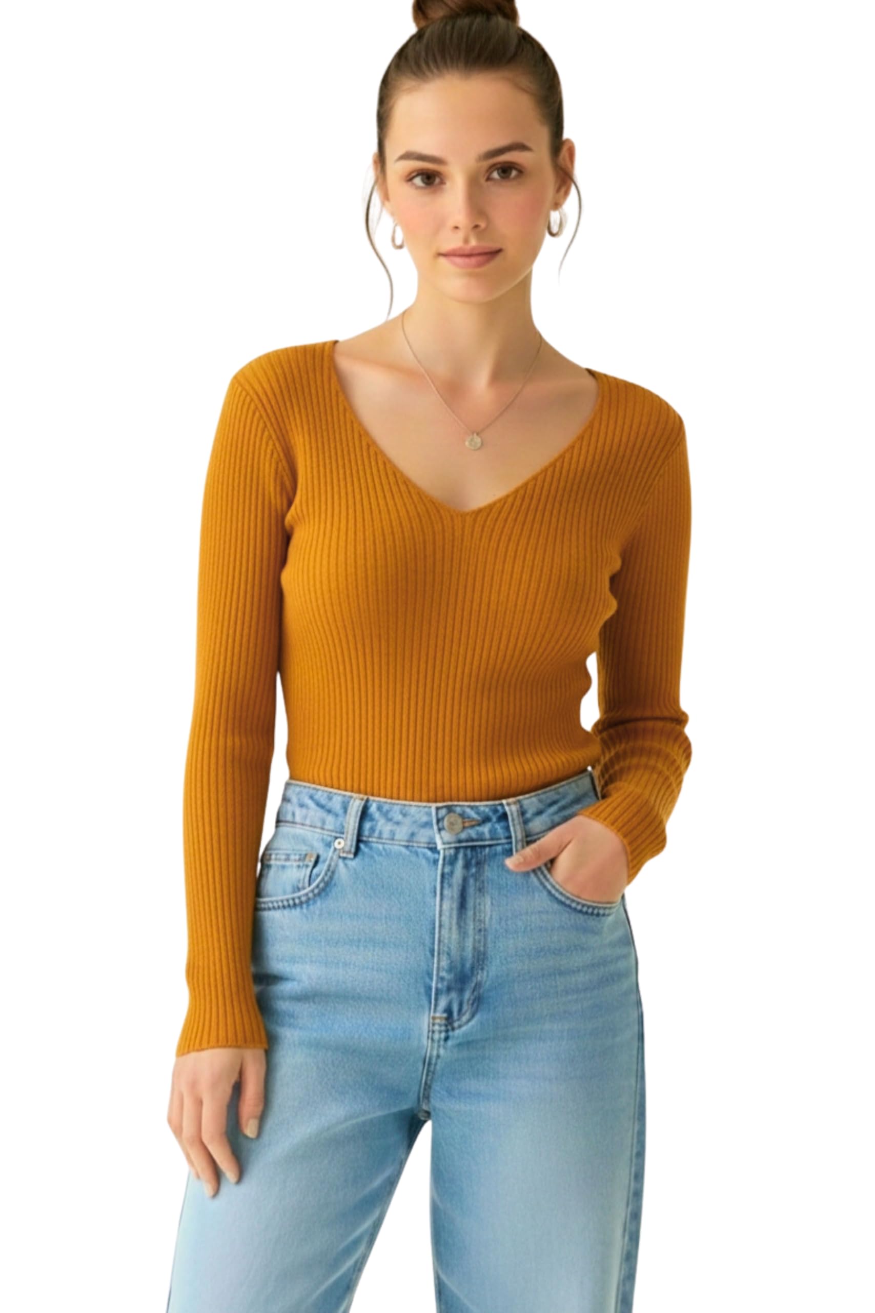 Upadesham Long Sleeve Shirts for Women 2026 Fall Fashion V Neck Basics Crop Tops Slim Fitted Outfits Clothes Women's Sexy Deep Fit Fleece Lined T Shirt Tunic Tops