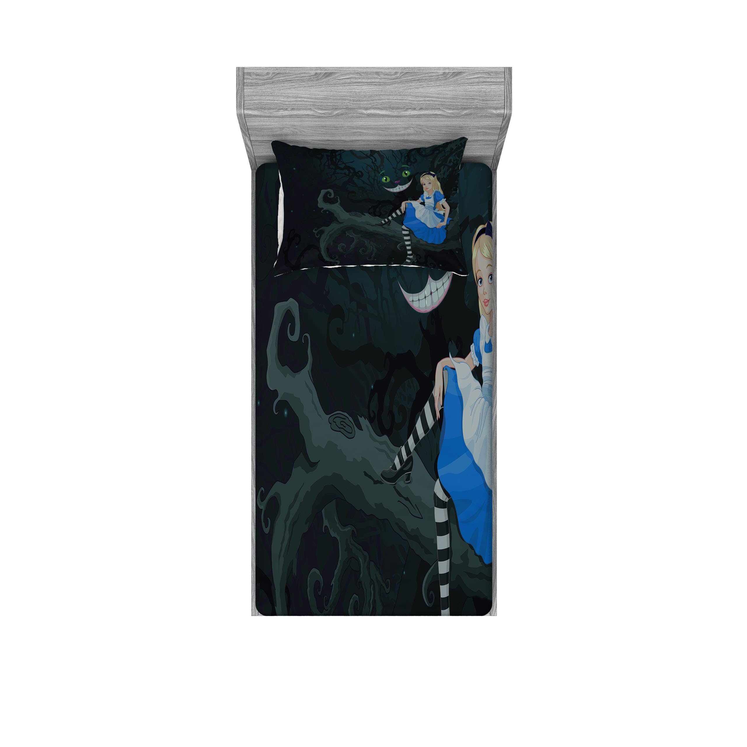 Ambesonne Alice in Wonderland Fitted Sheet & Pillow Sham Set, Alice Sitting on Branch and Chescire Cat in Darkness Cartoon Style, Decorative Printed 2 Piece Bedding Decor Set, Twin, Dark Green