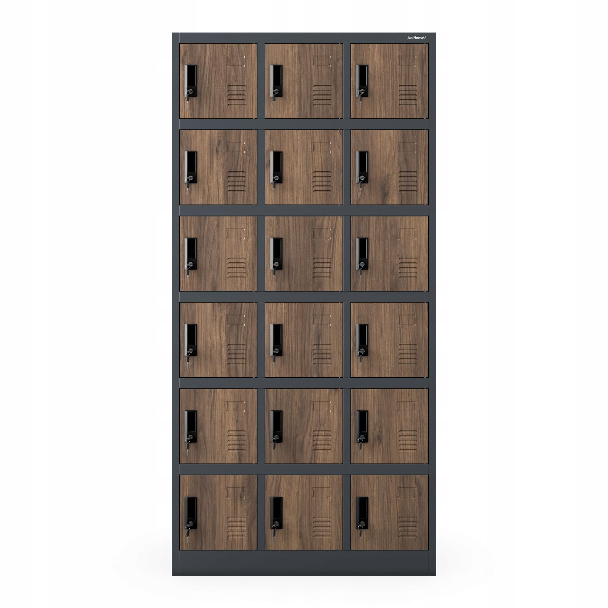 JAN NOWAK Szafa ubraniowa model KAROL 3B6A Szafa socjalna Szafa skrytkowa BHP z 18 przegrodami Metalowa Malowana proszkowo 185 cm x 90 cm x 40 cm (wys. x szer. x gł.) (Antracyt-Drewno)