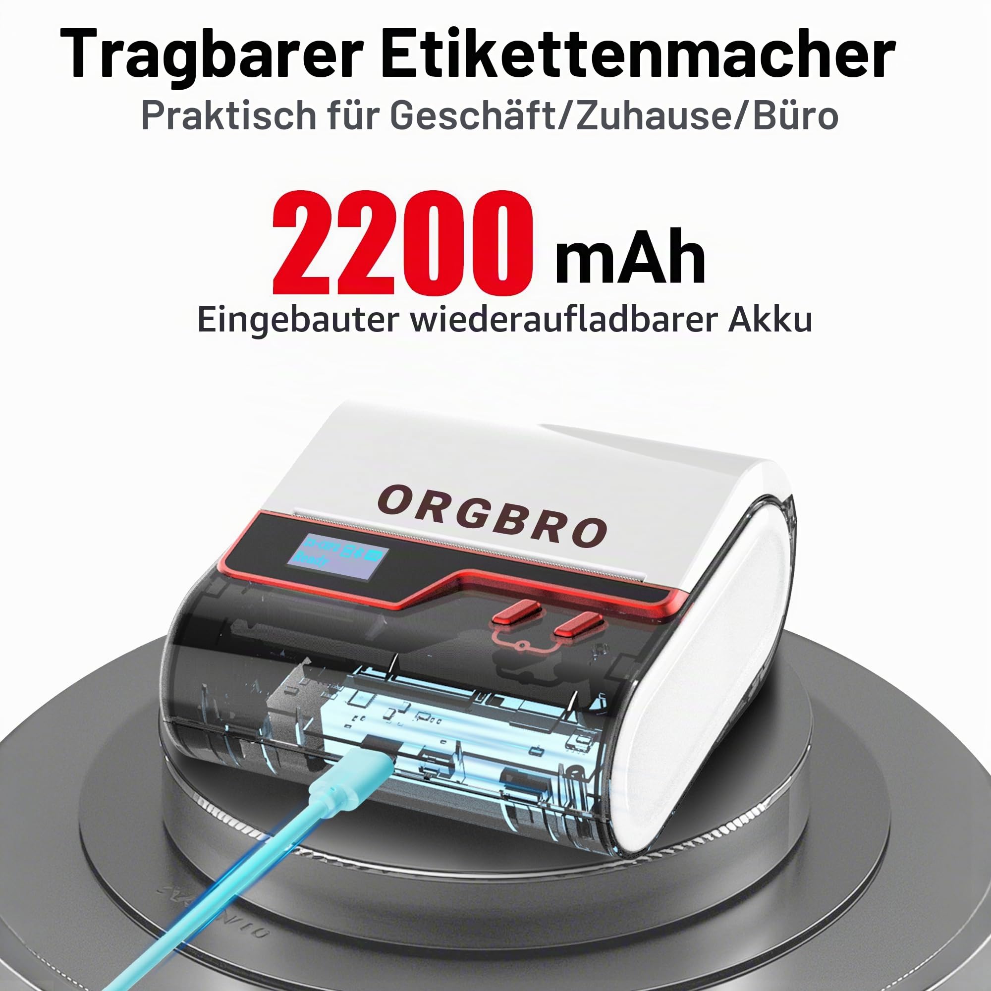 ORGBRO Etikettiergerät, Z3 Bluetooth Thermodrucker 2-3 Zoll Druckbreite Beschriftungsgerät Selbstklebend für Kleidung, Schmuck, Supermarkt, Kleinunternehmen mit 1 Rolle weiße 50x30mm Etiketten, Rot