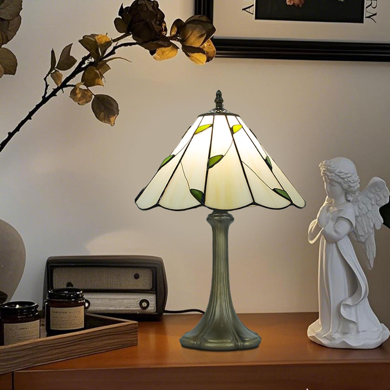 12 Inch Tiffany Table Lamps With Remote Control , Stained Glass Lamp with Stepless Dimmable Colors Temperature & Brightness for Living Room Bedroom Office , 9W Bulb Included (Umbrella Willow Leaves)