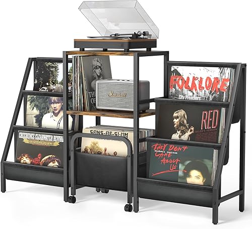 Soporte para tocadiscos con carrito de almacenamiento de vinilo, mesa para tocadiscos con almacenamiento de discos de 200 álbumes, soporte giratorio