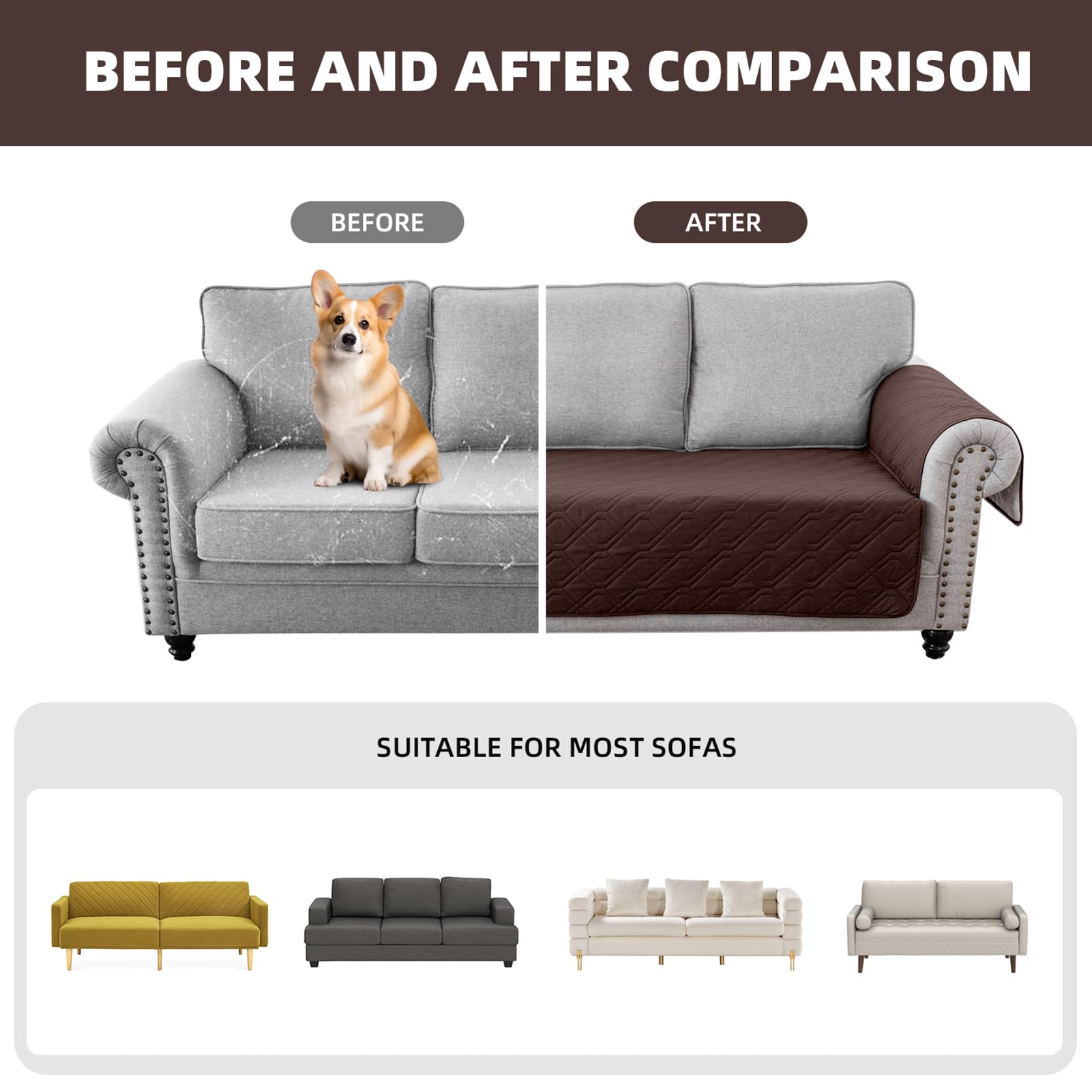 Funda de Sofá, Funda de Sofá de Protección para Mascotas, para Gatos Arañazo y Perros Mascotas, Impermeable Fundas Sofa (Café,3 Plazas)