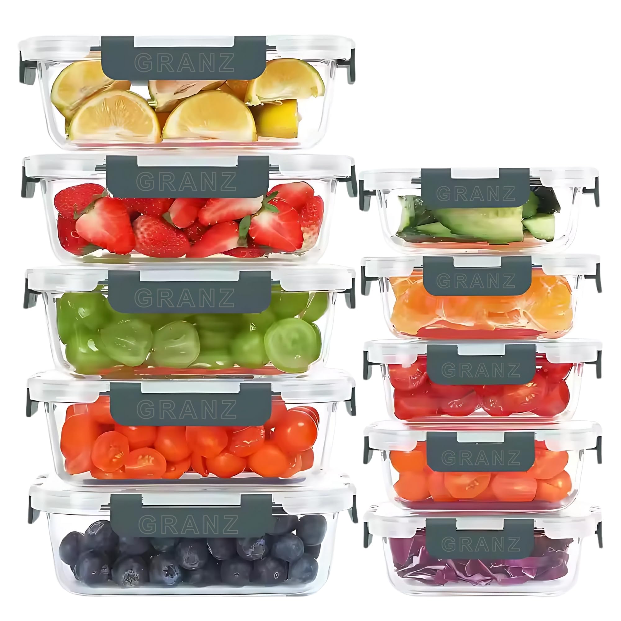 GRANZ Contenitori per alimenti in vetro, senza BPA, con coperchio ermetico a scatto, a prova di perdite, impilabili, ecologici, riutilizzabili, per microonde e lavastoviglie (5 m, 5 L)