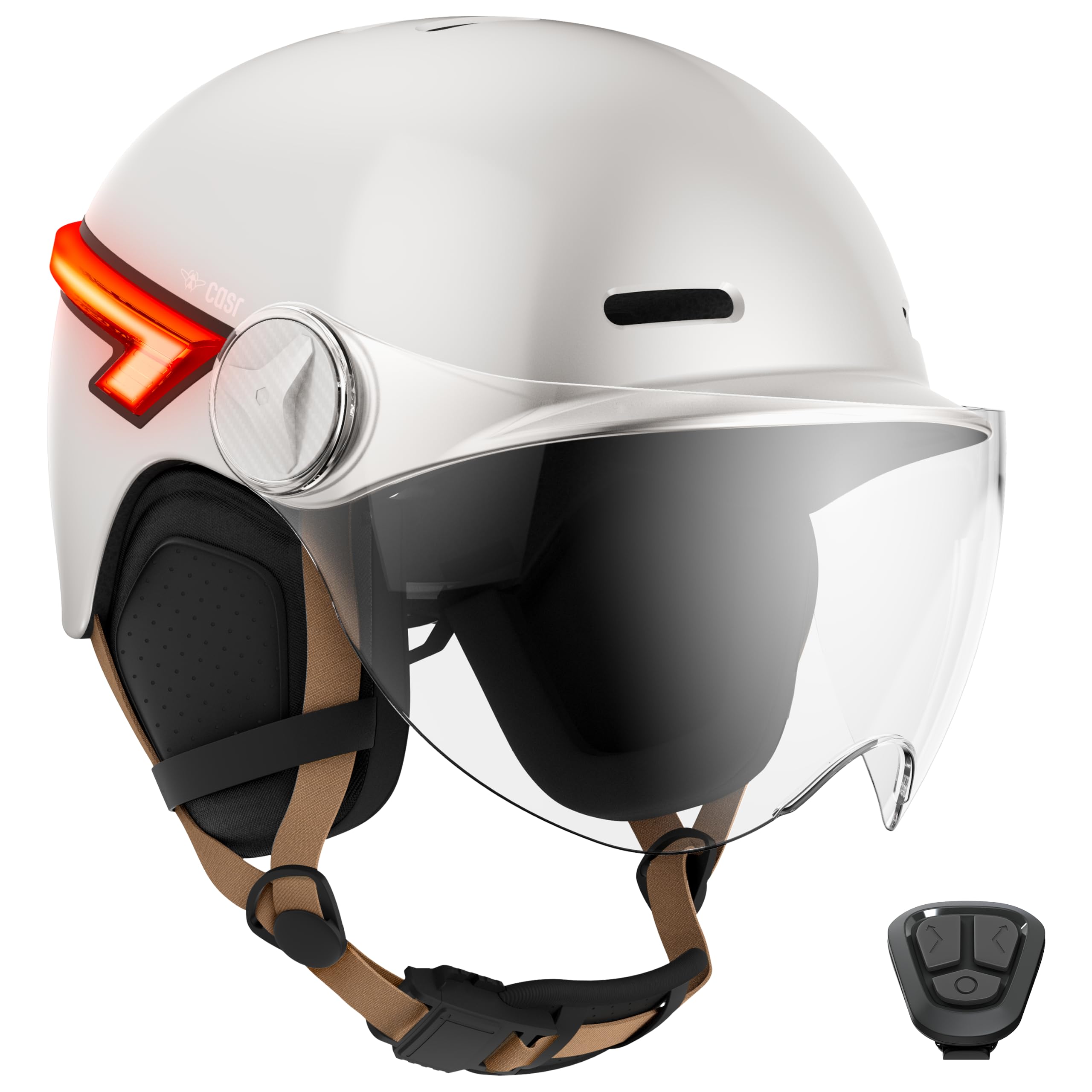 Kask CASR Glow, miejski kask ochronny LED, z certyfikatem EPI, kremowy, rozmiar M, trasertyczny i odpinany daszek, z diodami LED i kierunkowskaźnikami, uniwersalny pilot zdalnego sterowania,