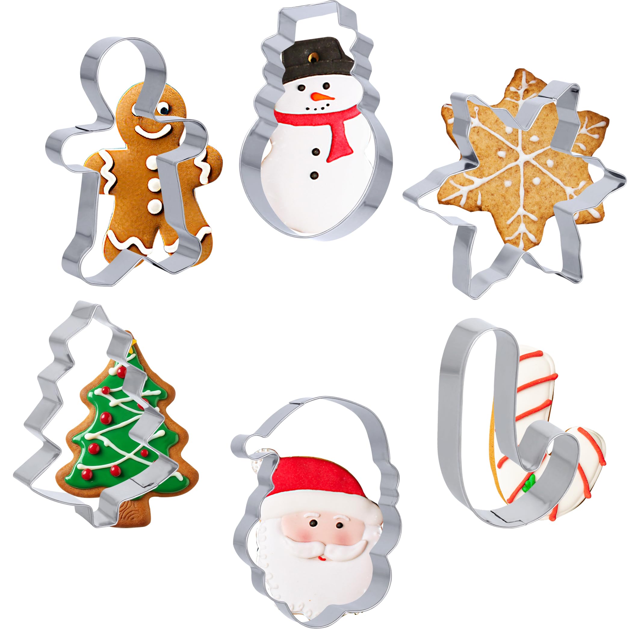 Christmas Cookie Cutters Set 6 pcs Stainless Steel Metal Cookie Cutter for Baking Christmas Tree, Snowflake,Gingerbread Man, Snowman, Santa Head and Candy Cane