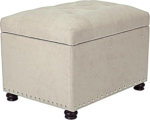 Decent Home Taburete rectangular de almacenamiento de tela con cabezal de clavos para dormitorio, sala de estar (beige)