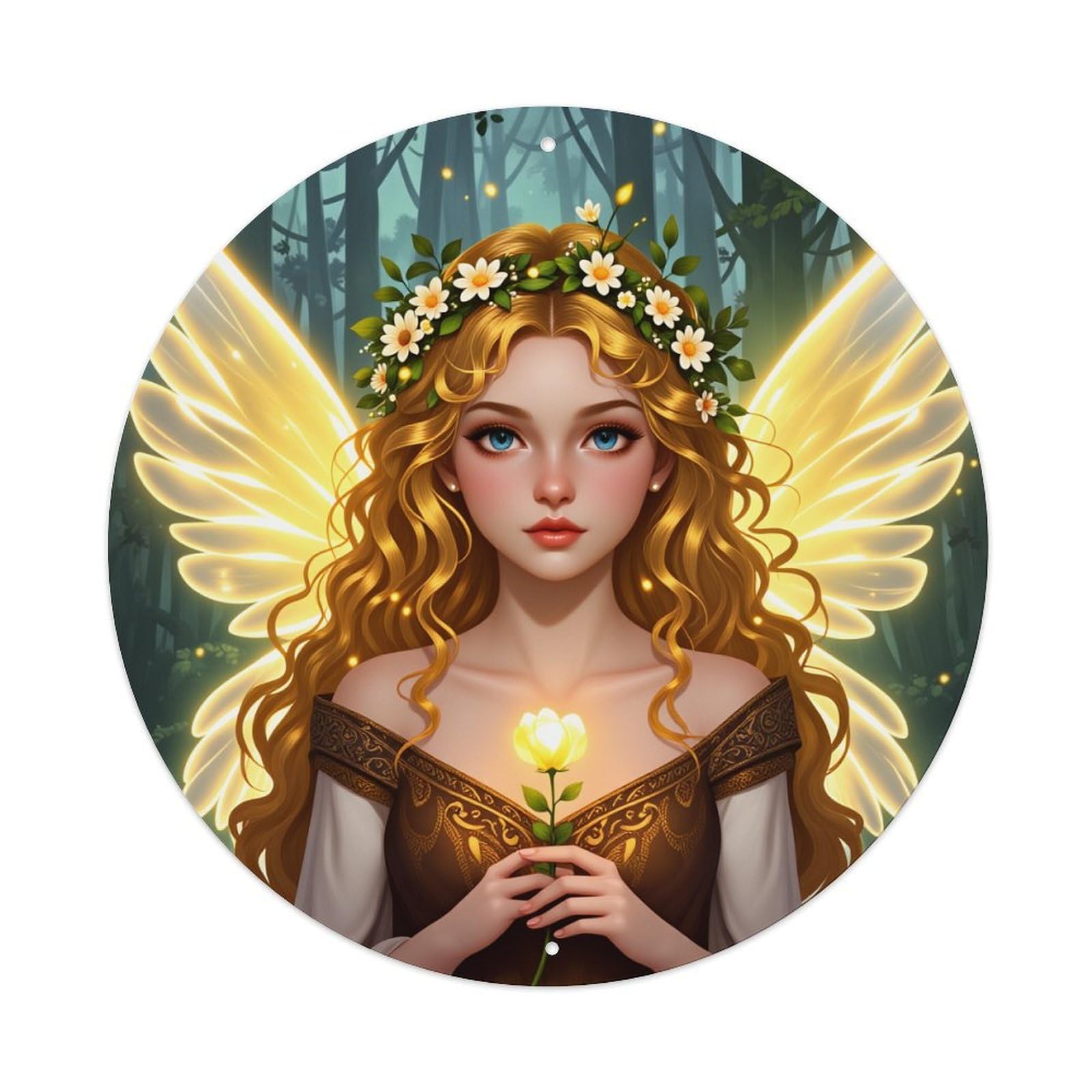 Golden Wings Floral Crown Fairy Light Metal Tin Sign Vintage Garden Bedroom Cafe Bar Man Cave Home Wall Decor Metal Poster 8x8 inches