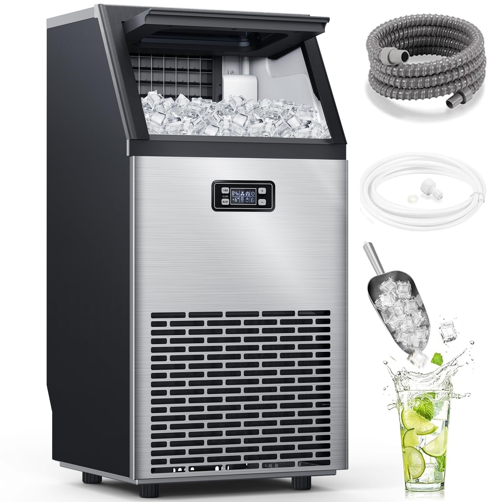 Commercial Ice Maker Machine, 100lbs/24H Stainless Steel Ice Machine with 33lbs Storage Capacity, Auto Self-Cleaning Freestanding Ice Maker, Ice Machine Freestanding for Bar/Cafe/Restaurant