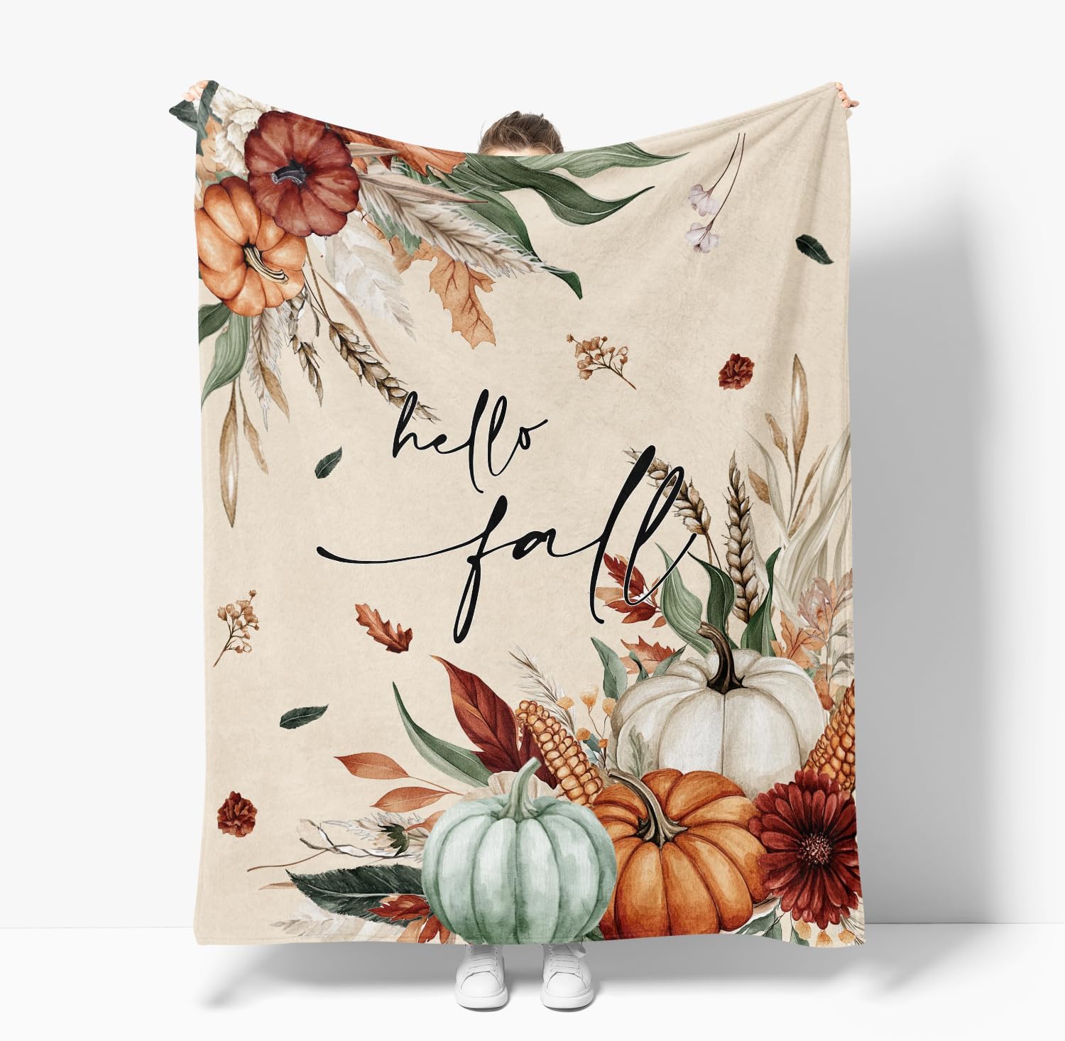 Horaldaily Fall Orange Green Pumpkin Leaves Flannel Throw Blanket 50x60
