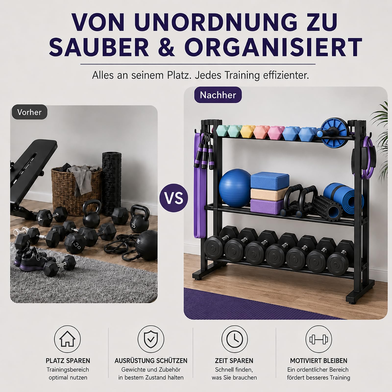 3-Stöckiger Hantelständer, 204kg / Verlängerter Sockel Hantelablage | Breite Verstellbarer, 6 * Seitlichen Haken, 82 × 42 × 80 cm, Kurzhantel Ständer Fitnessgeräte Aufbewahrung für Home Gym