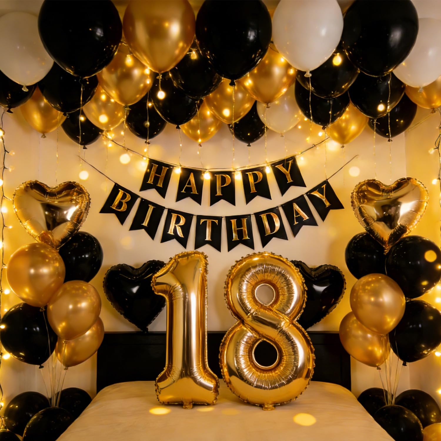 Black Gold Birthday Balloon Decoration Set Banner Number 18 Balloon Black White Gold Latex Balloons Heart Foil Balloons for Men 18th Birthday Party Supplies (black gold 18)
