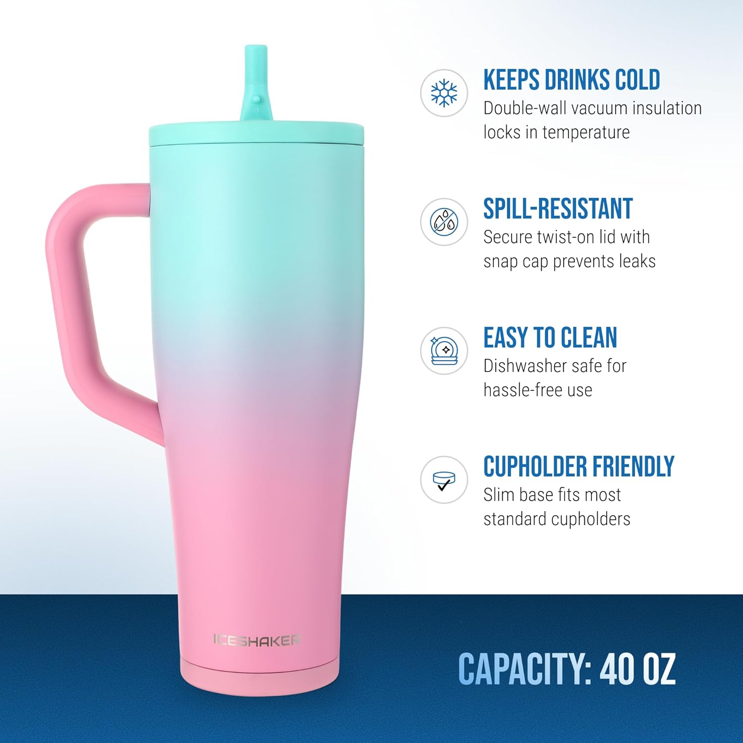 Ice Shaker 40 oz Tumbler with Handle and Straw | 40oz Pink Mint | Cold for 30+ Hours | 2-in-1 Tumbler Shaker Bottle | Odor-Free 40 ounce Bottle for Water, Protein Shakes, Smoothies, Cocktails