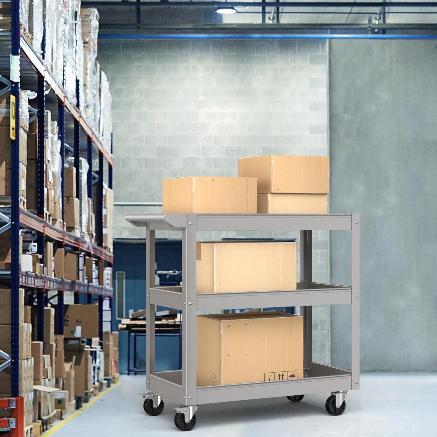 Goplus 3-Layer Service Utility Cart, Heavy Duty Unity Cart with Flat Handle, 2 Lockable Universal Wheel, 400 lbs Capacity, Rolling Tool Cart for Garage, Kitchen, Hotel, Office, Workshop Grey