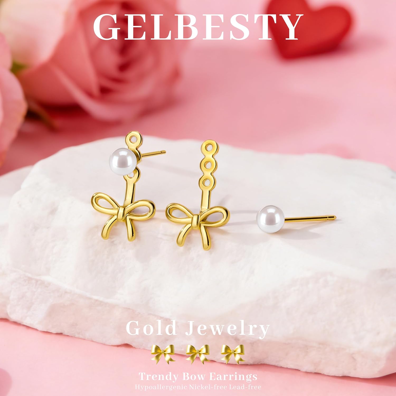 14K Gold Plated Valentines Day Pearl Bow Gold Earrings for Women Trendy, Cute Small Pearl Bowknot Jacket Stud Earrings, Hypoallergenic Cartilage Jewelry for Sensitive Ear, Valentines Day Jewelry Accessory Gifts for Prom Party - Image 4
