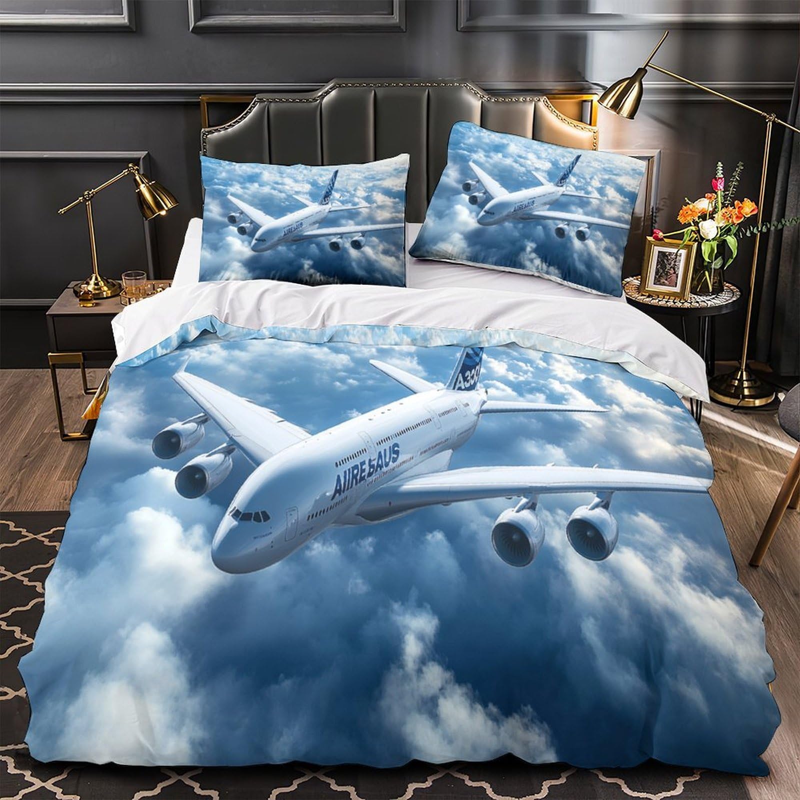 Parure de lit avion de ligne pour décorer la chambre enfant thématique ciel et voyage en avion