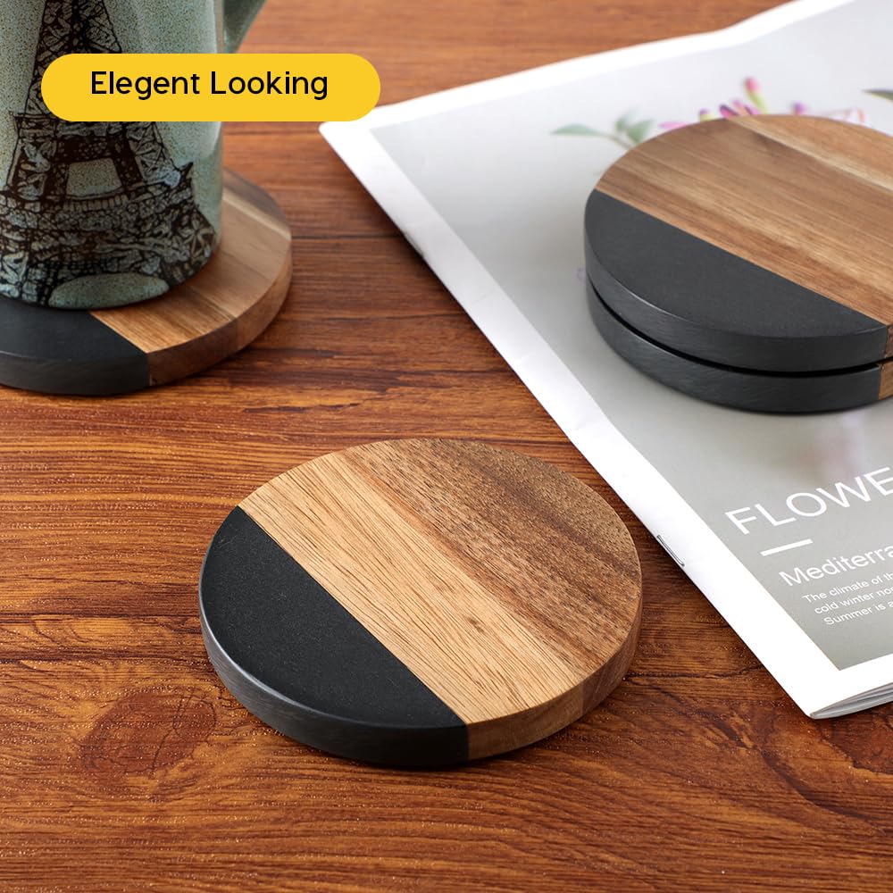 Juego de 4 posavasos de madera de acacia pizarra para bebidas, modernos posavasos de madera rústica para bebidas, mesa de café, mesa de comedor, escritorio, Navidad, inauguración de la casa, 3