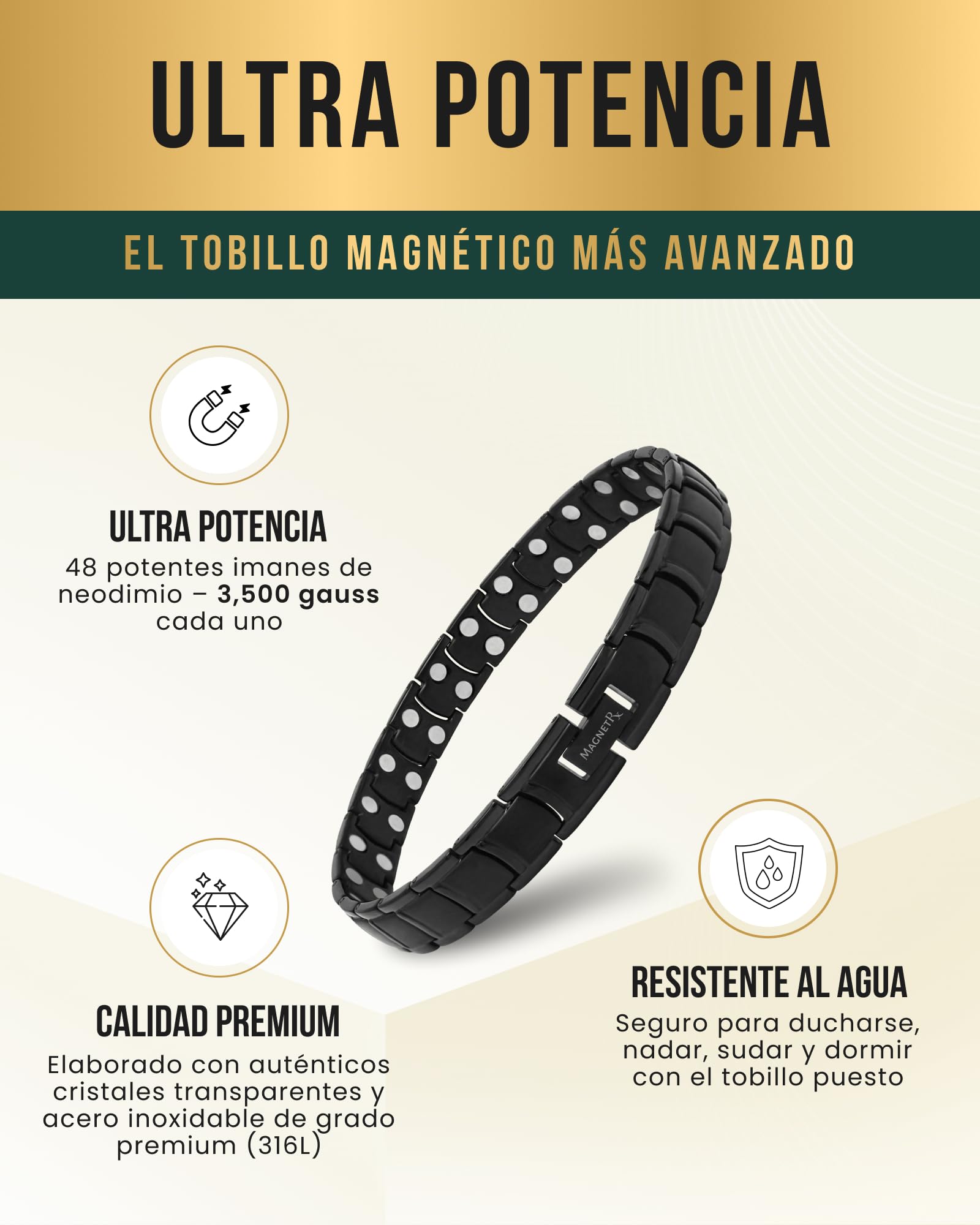 MagnetRX® Tobillera Magnética Terapéutica - Tobillera Hombre con Imanes Magnetoterapia para el Alivio de la Artritis -Tamaño Ajustable con Herramienta Incluida (Negra)