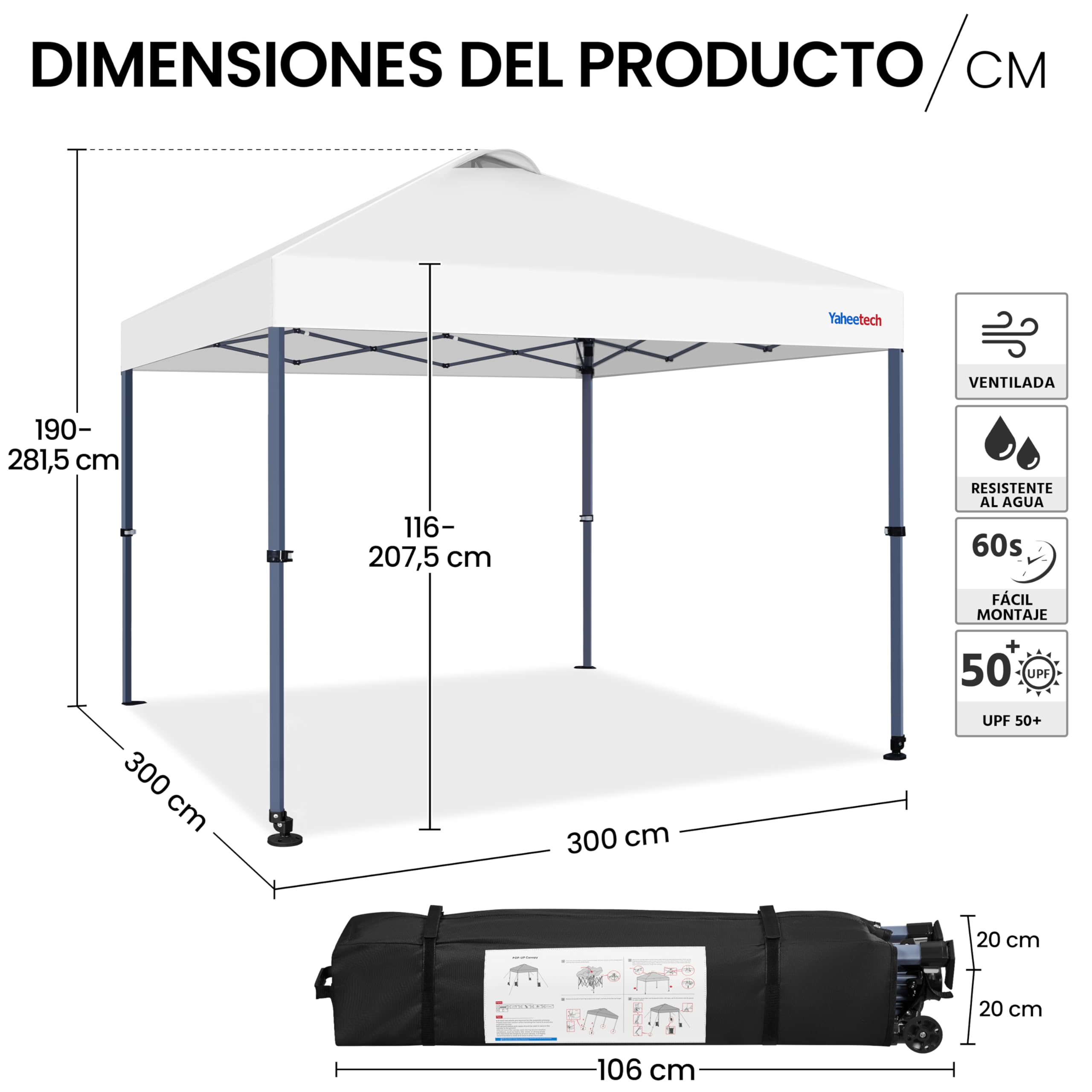 Yaheetech Carpa Pop-Up 3x3M con Ruedas, Cenador Altura Ajustable UPF 50+ con 1 Bolsa 4 Sacos de Arena 4 Cuerdas de Sujeción para Playa, Patio, Camping y Jardín (Blanco)