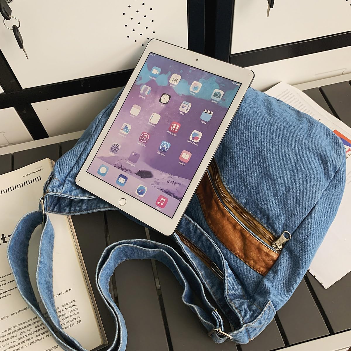 Denim Purse for Women Men Tote Bag with Zipper Crossbody Blue Jean Purses Canvas Shoulder Bag Hobo Handbag - Image 9