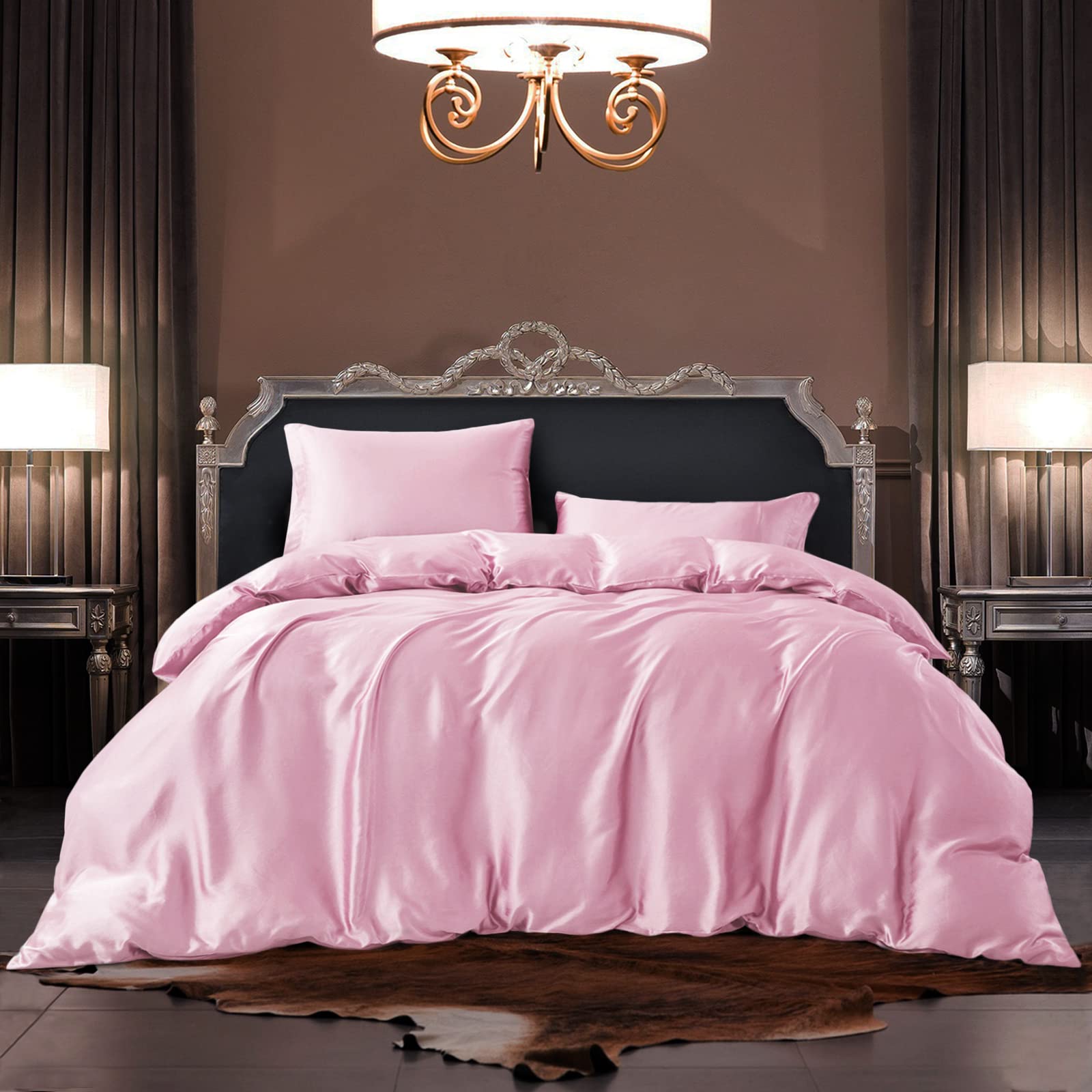 Vonty 3-Pieces Satin Duvet Cover Set King Size Pink Silk Like Satin Bedding Set with Zipper Closure (1 Duvet Cover + 2 Pillowcases)
