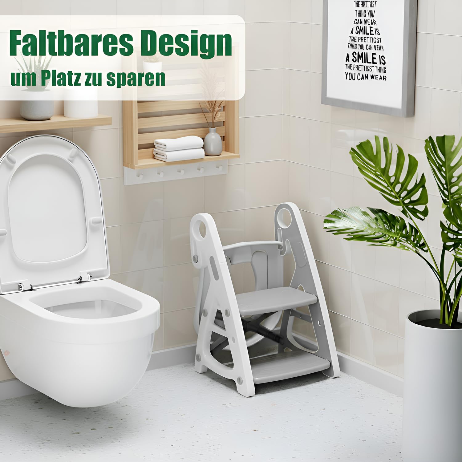 Baby-Toilettensitz 2 in 1 mit Treppe, Stabile Dreieckige Struktur, Kinder Tritthocker, Faltbar Töpfchentrainer mit verstellbarem Pedal und Sitzhöhe, mit großes Pedal und Griffe, PU-Futter, Grau