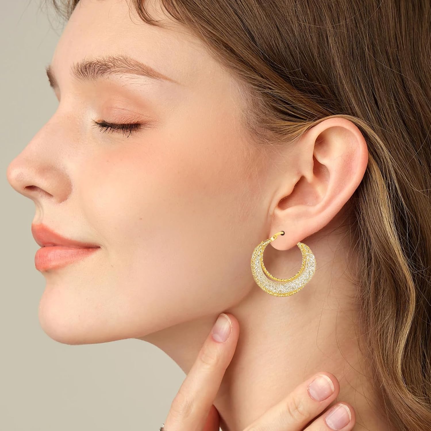 14K Gold Plated 23.5–30mm Lightweight Mesh Hoop Earrings for Women, Cubic Zirconia, 925 Sterling Silver Post, Hypoallergenic - Image 9