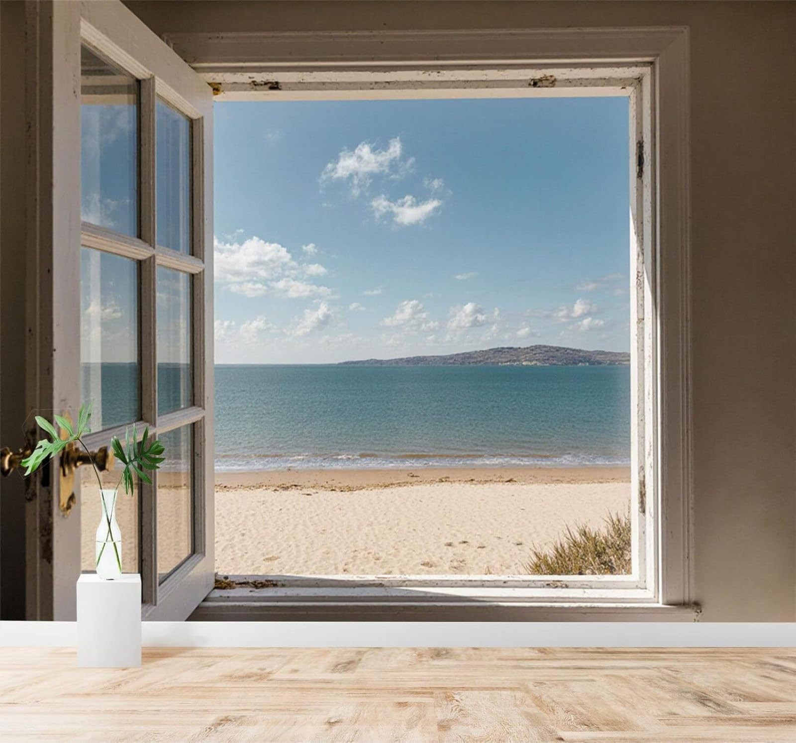 XLMING Window Sea Beach Sky Seascape 3D Wallpaper Silky Texture Home Study Office Grey Dining Room Sofa Bedroom Living Room TV Backdrop-430cm×300cm