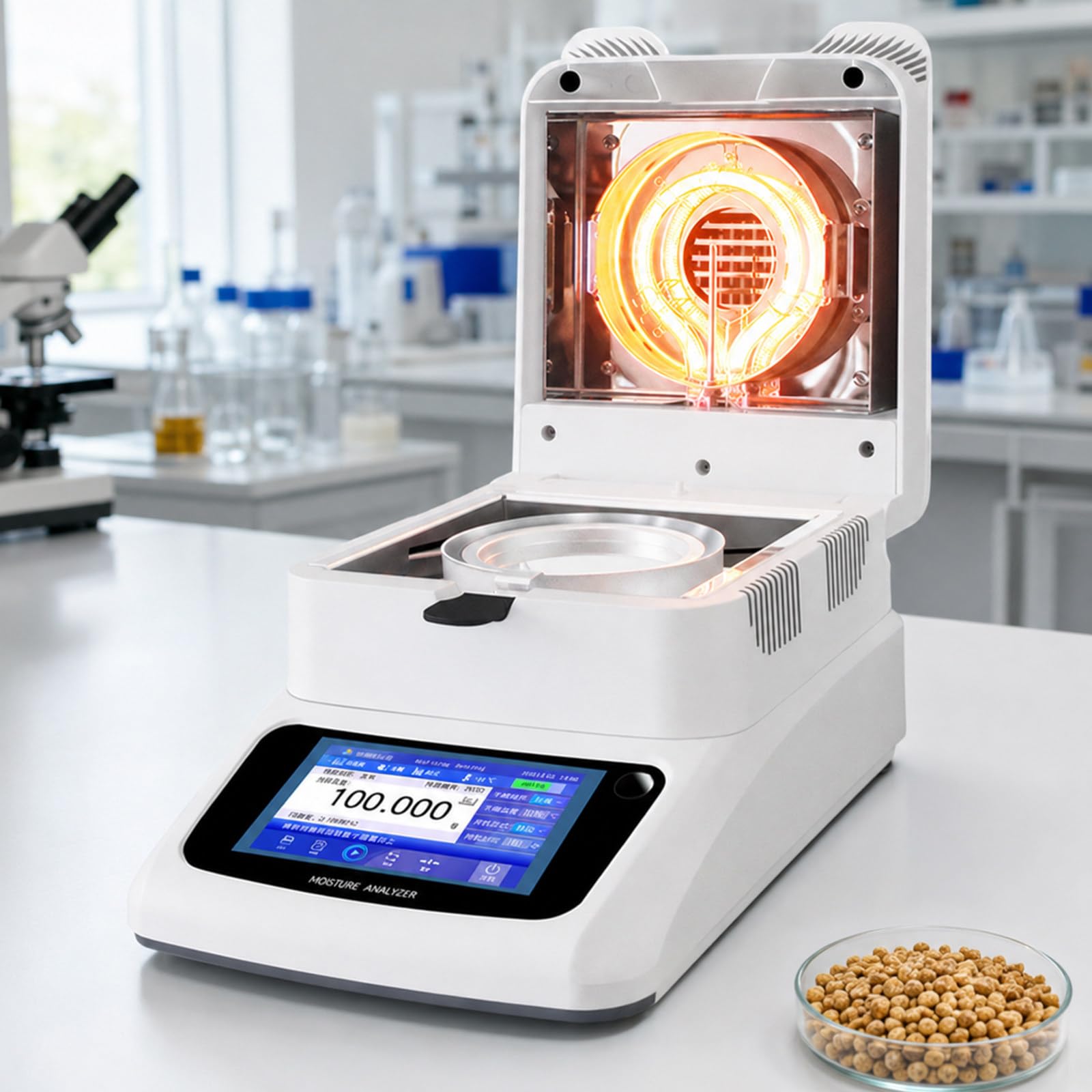 pealiritansemen Halogen Moisture Analyzer, Laboratory Water Content Tester with 120g Capacity, 0.01% Moisture Readability, Touch Screen Display, for Food, Grain, Tea, Coffee, Feed And Sludge A-1205