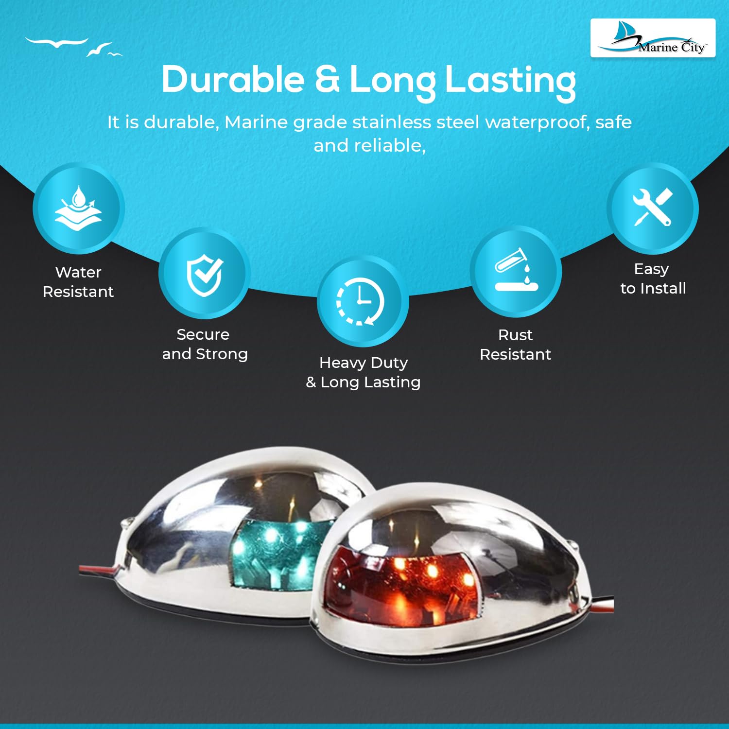 MARINE CITY Luces laterales de navegación LED impermeables de acero inoxidable, rojo y verde, 3-3/16 pulgadas de longitud, ideal para barcos, marines, yates (1 juego)