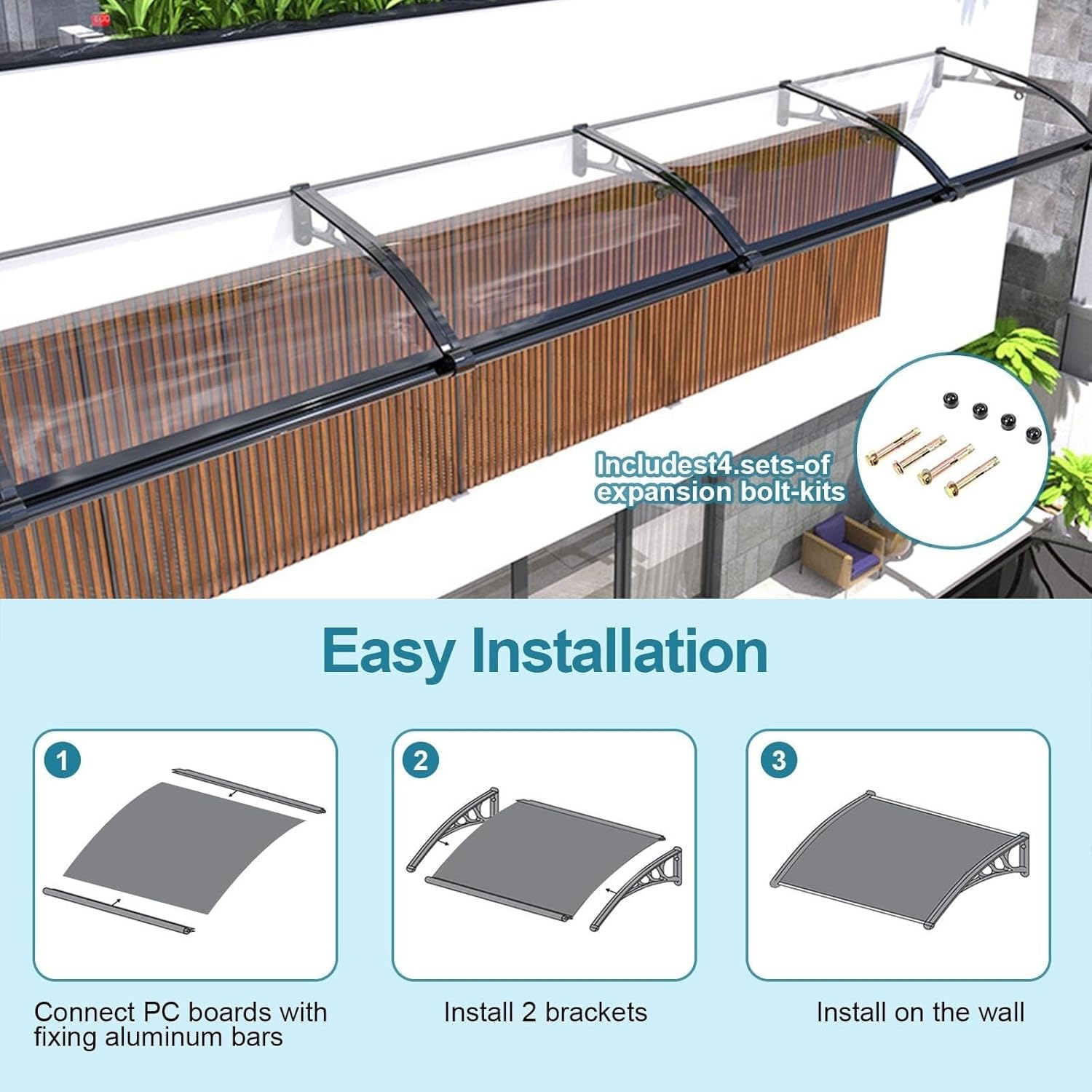 Aluminum Porch Canopy - Outdoor Door Canopy with Polycarbonate Cover, Waterproof UV Protection, Snow Shield, Modern Design for Patio/Roof/Window, Easy Installation (C, 80x380cm/32x150in)