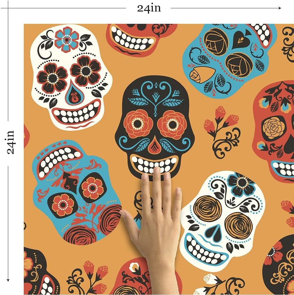 Walls By Me Peel and Stick Orange and White Skulls Themed Removable Wallpaper 4204-2ft x 4ft (61x122cm)