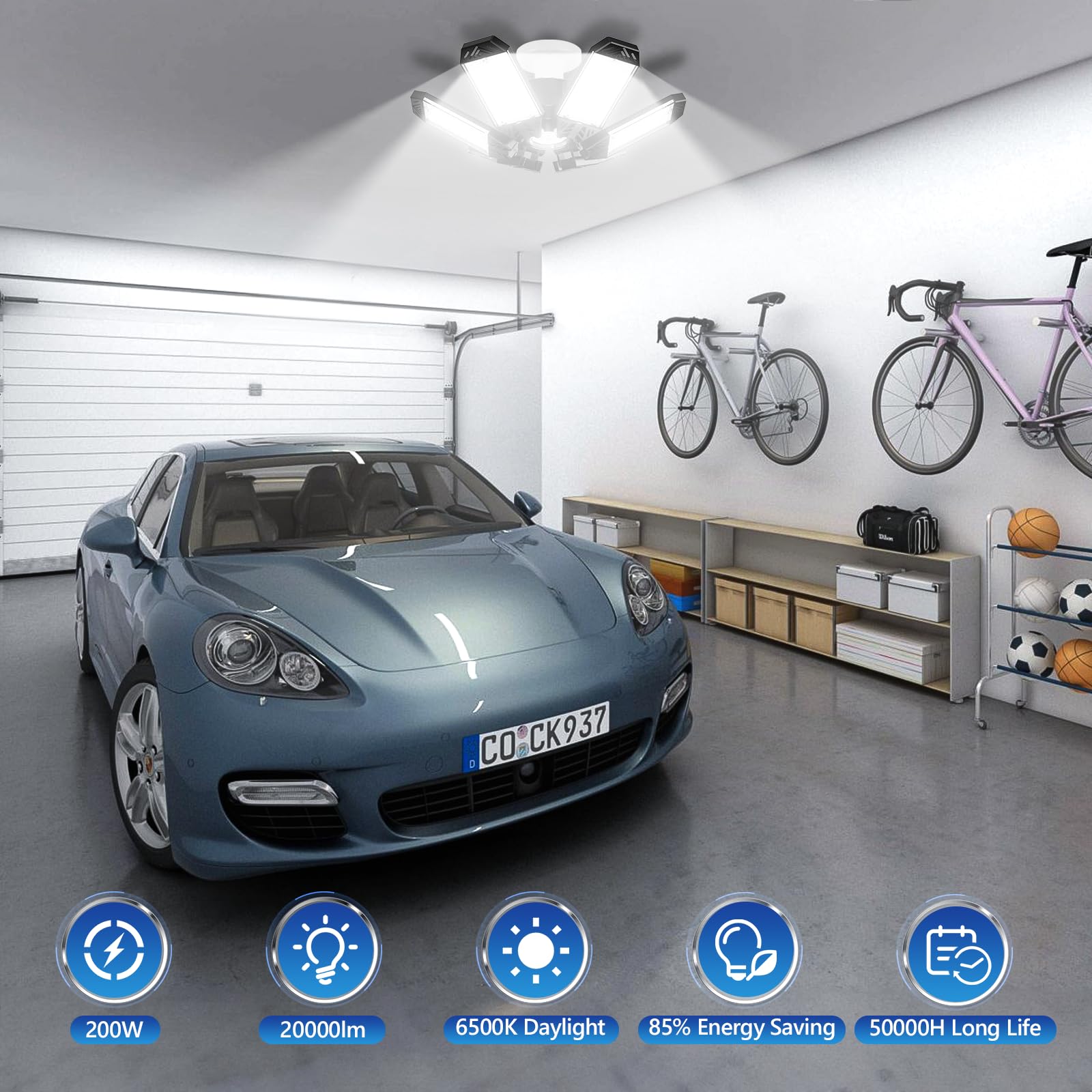 Oświetlenie garażowe LED, 160 W, 20000 lm, ultra jasne oświetlenie LED z 6 odkształcalnymi panelami, oświetlenie sufitowe garażowe 6500 K, śruba E26 E27, do warsztatu, magazynu, zatoki